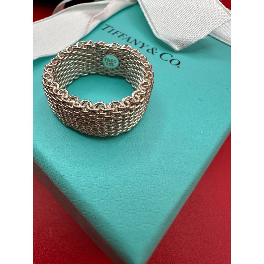 Tiffany & Co Somerset Sterling Silver Mesh Weave Ring Box, Bow And Card Sz 8 3/4